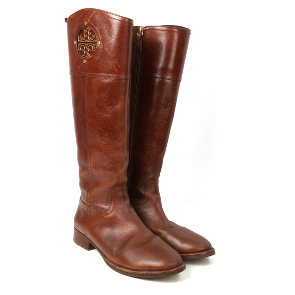 TORY BURCH Kiernan Riding Brown Leather Logo Knee High Boots Size 7M - Picture 7 of 16